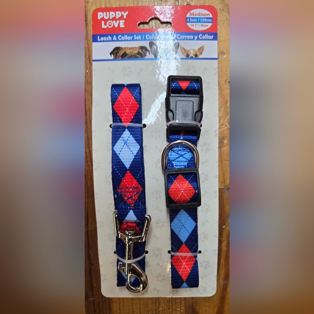 Blue and Red Argyle Dog Leash and Collar Set